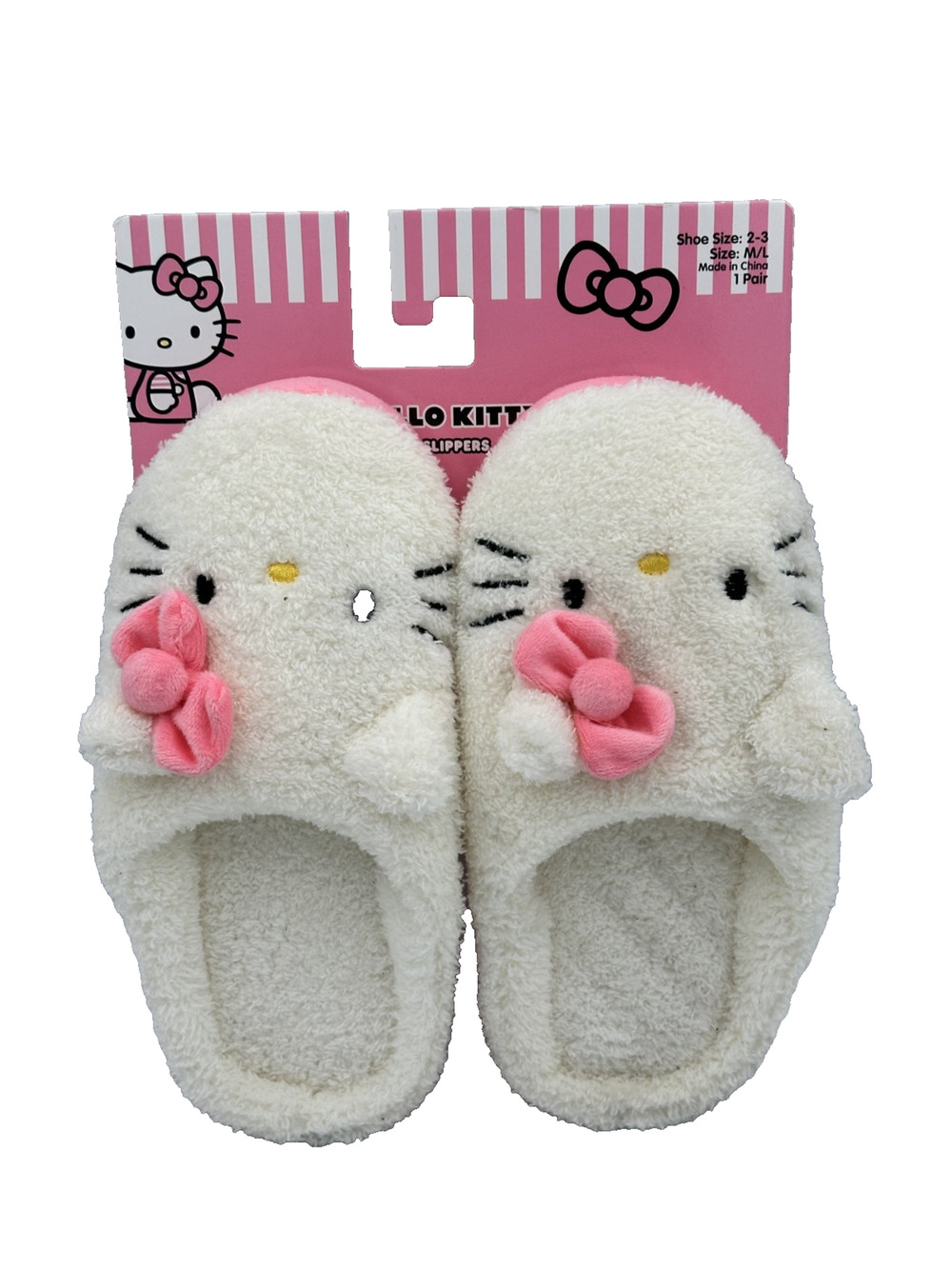 Sanrio Hello Kitty White Faux Fur Slippers Pink Bow Kids Girls Shoes Size 2-3